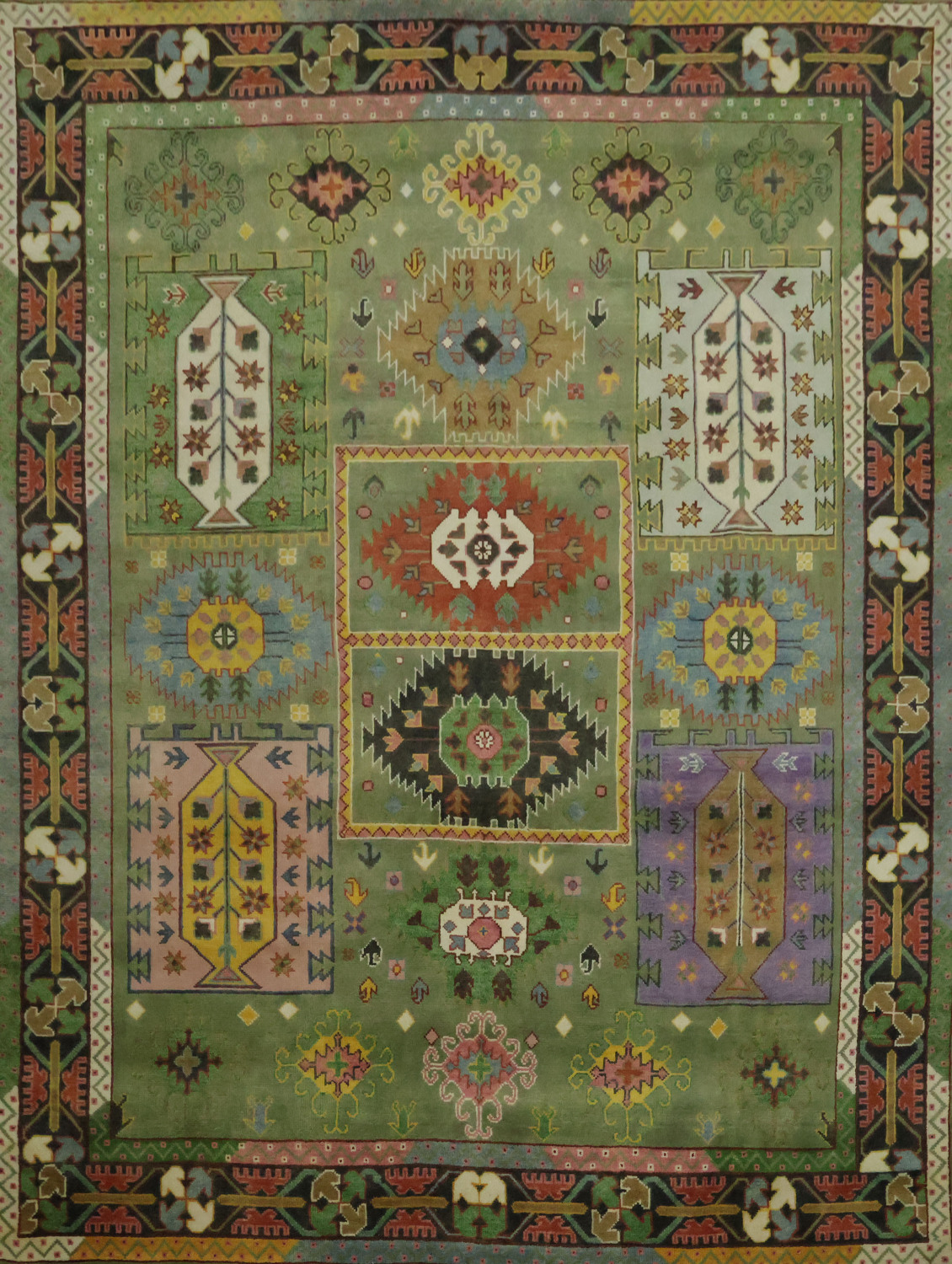 Vibrant Green Geometric Pattern Kazak Hand-Knotted Wool Rug 9' x 12'