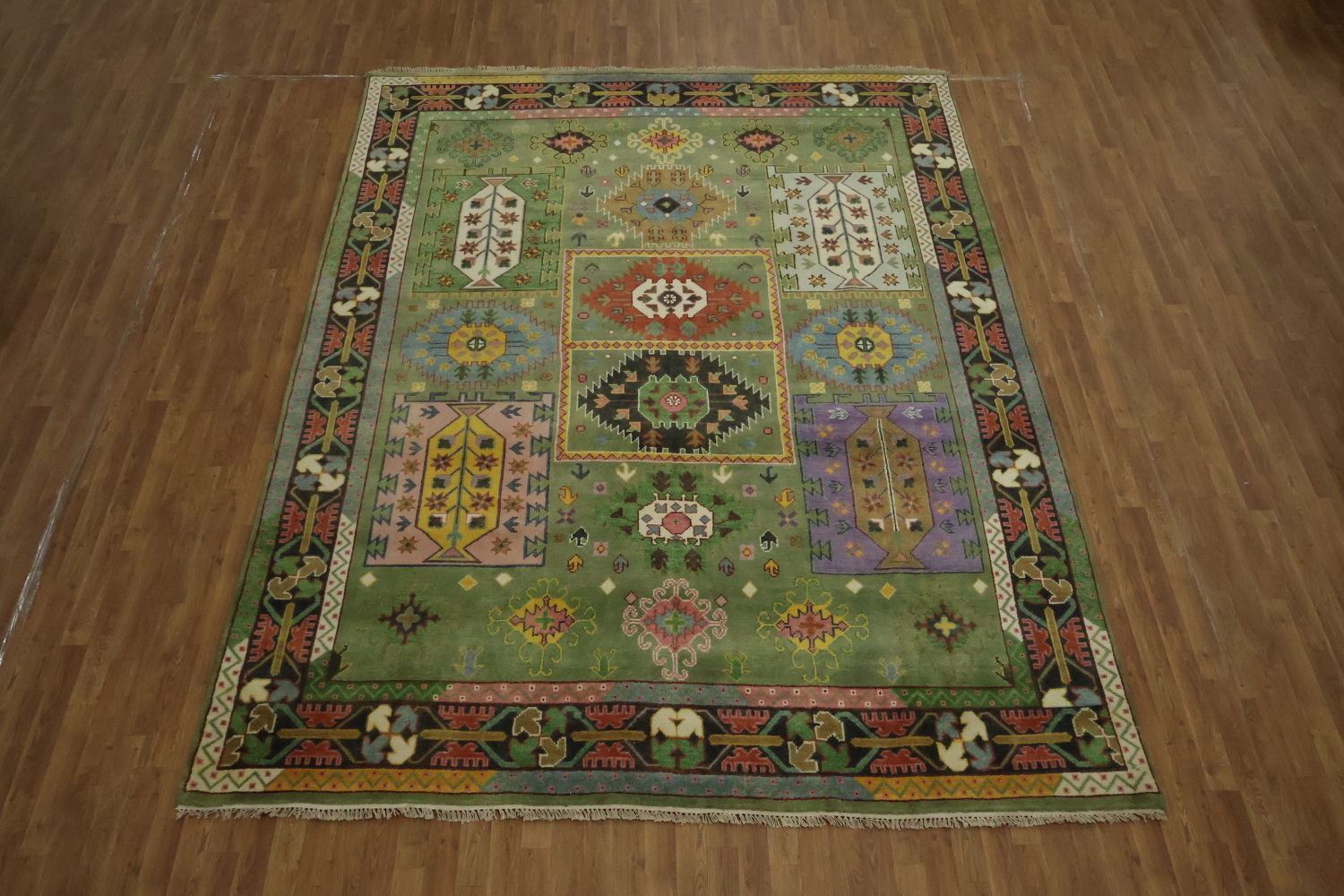 Vibrant Green Geometric Pattern Kazak Hand-Knotted Wool Rug 9' x 12'
