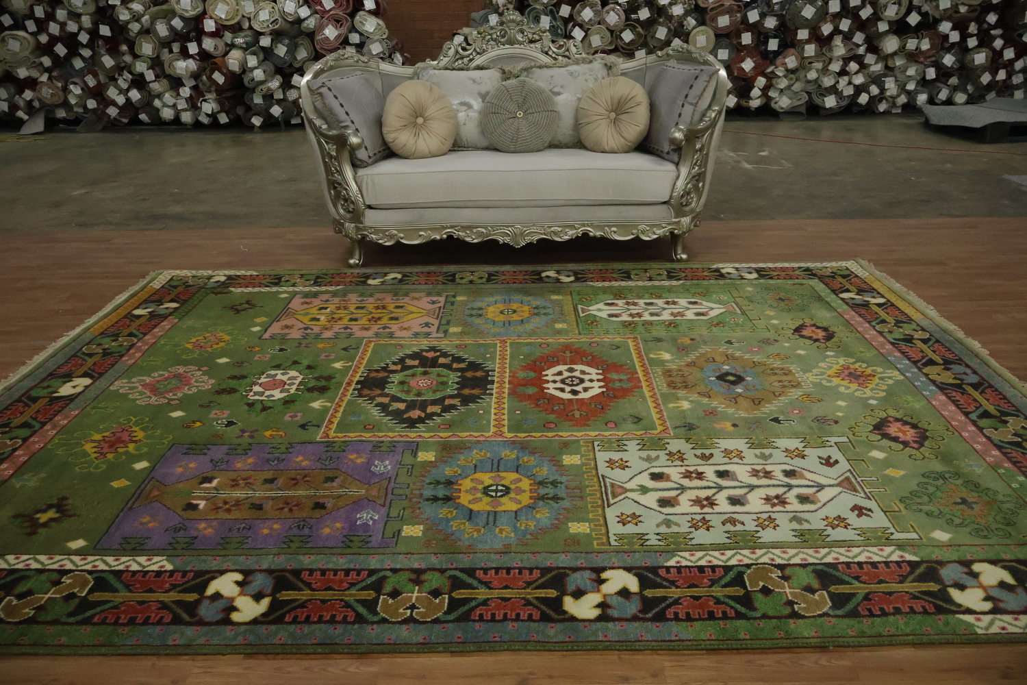Vibrant Green Geometric Pattern Kazak Hand-Knotted Wool Rug 9' x 12'