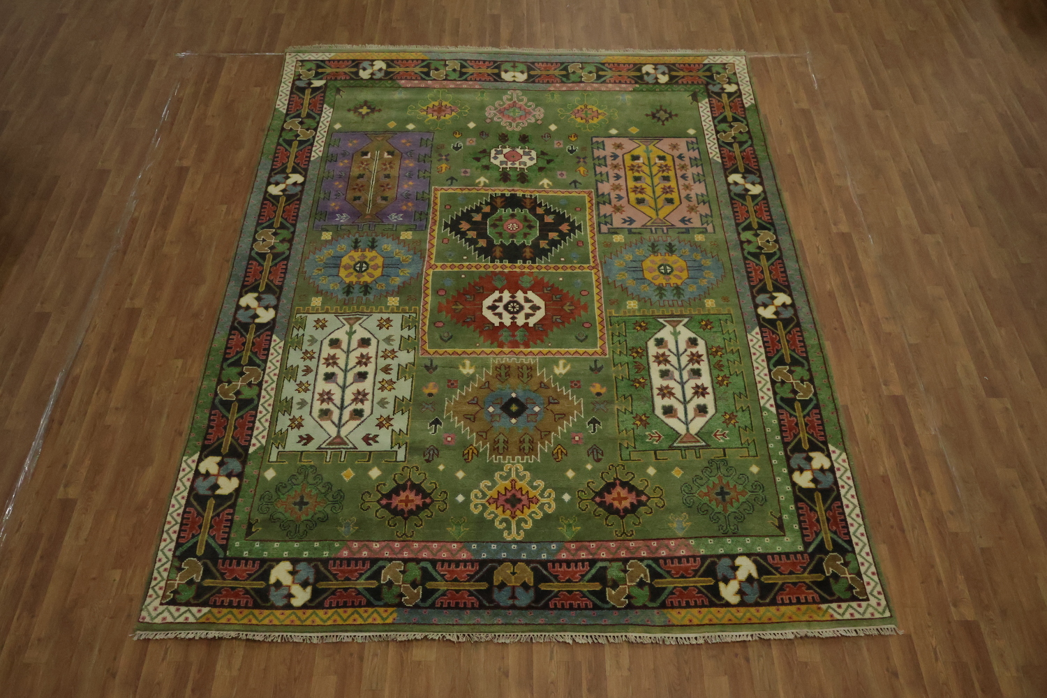 Vibrant Green Geometric Pattern Kazak Hand-Knotted Wool Rug 9' x 12'