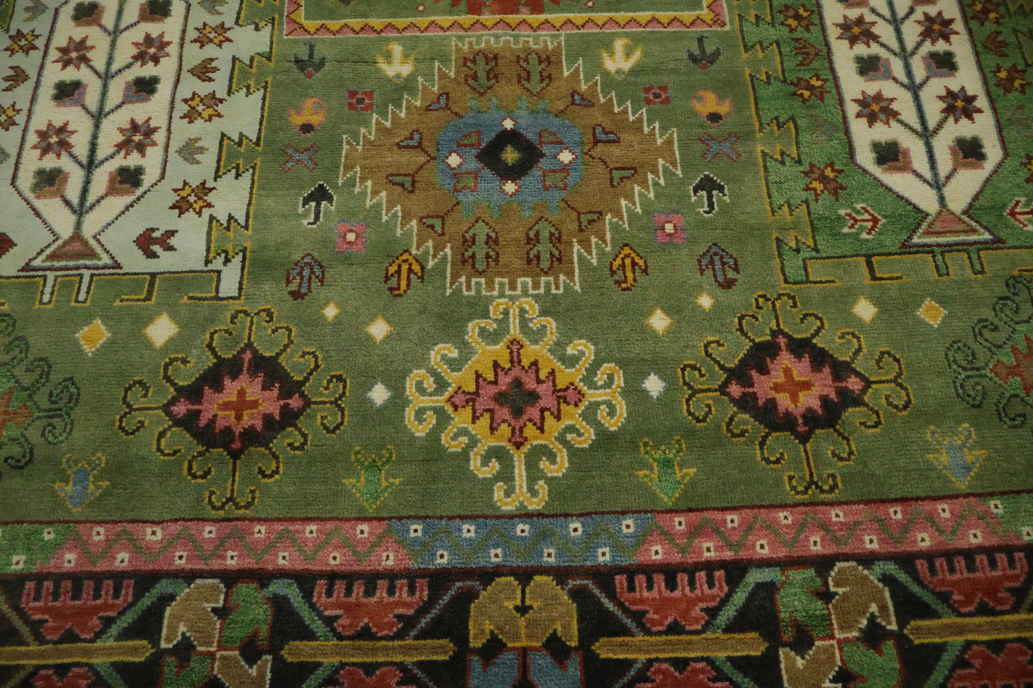 Vibrant Green Geometric Pattern Kazak Hand-Knotted Wool Rug 9' x 12'