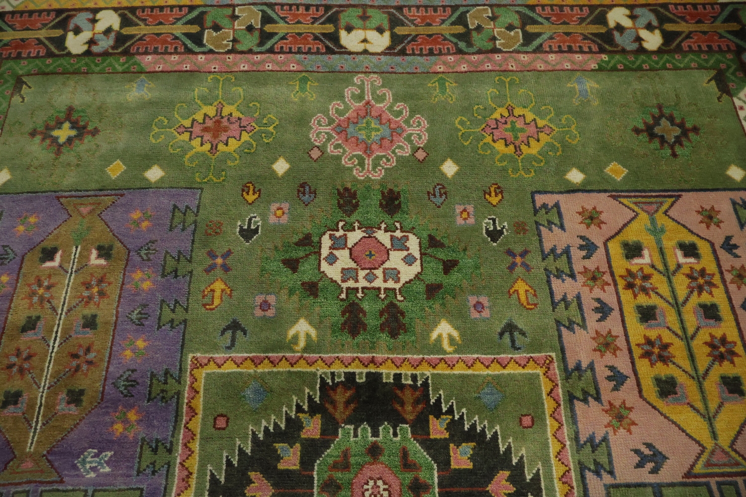 Vibrant Green Geometric Pattern Kazak Hand-Knotted Wool Rug 9' x 12'