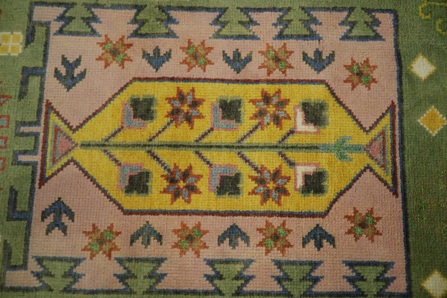 Vibrant Green Geometric Pattern Kazak Hand-Knotted Wool Rug 9' x 12'