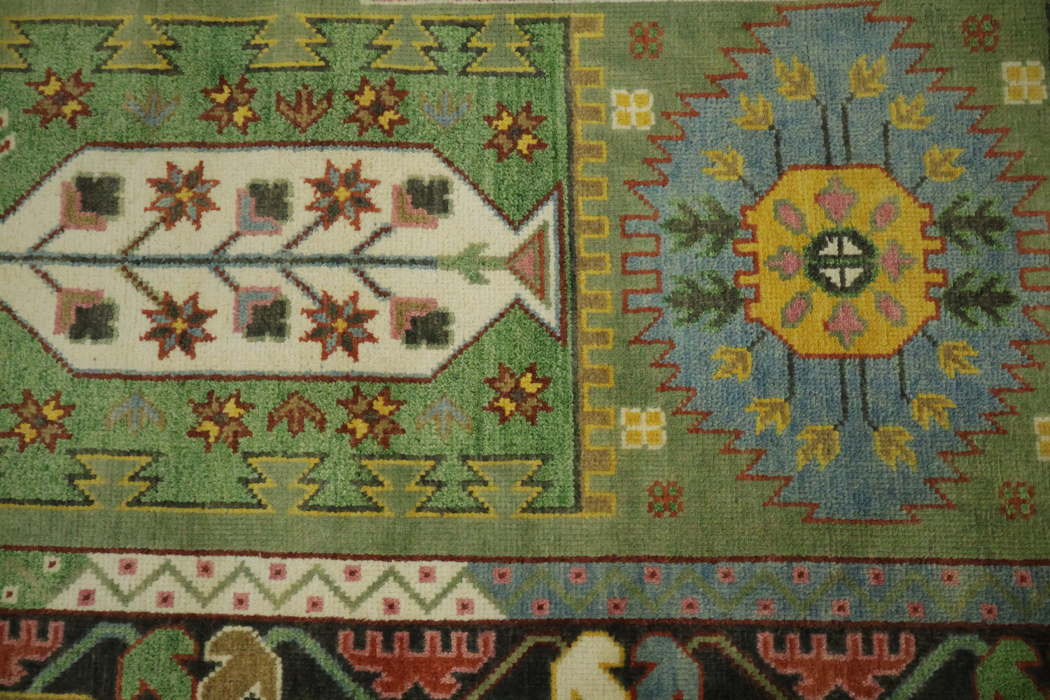 Vibrant Green Geometric Pattern Kazak Hand-Knotted Wool Rug 9' x 12'