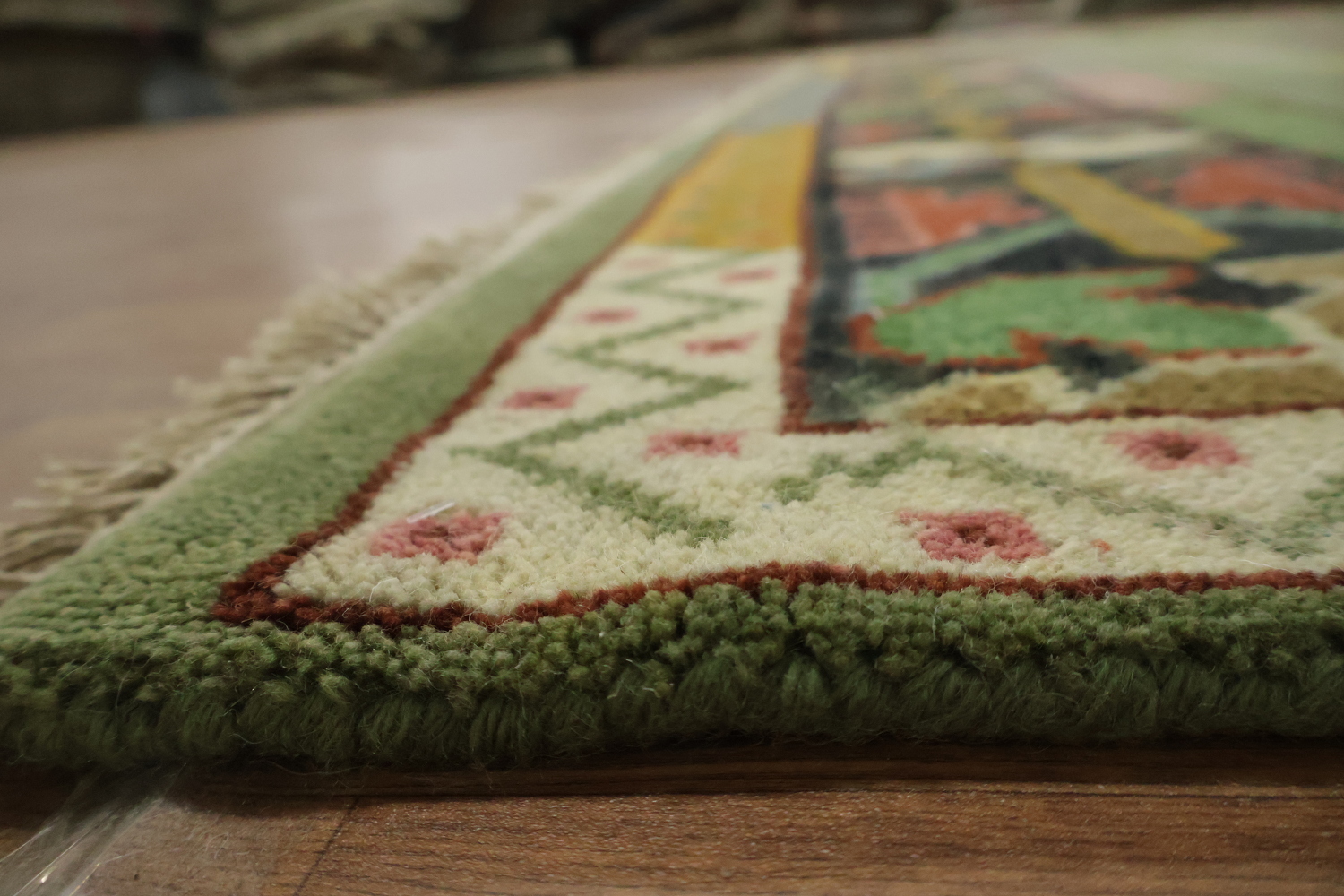 Vibrant Green Geometric Pattern Kazak Hand-Knotted Wool Rug 9' x 12'