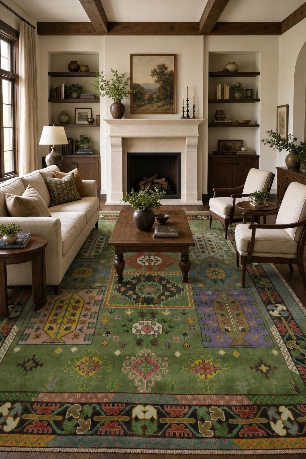 Vibrant Green Geometric Pattern Kazak Hand-Knotted Wool Rug 9' x 12'