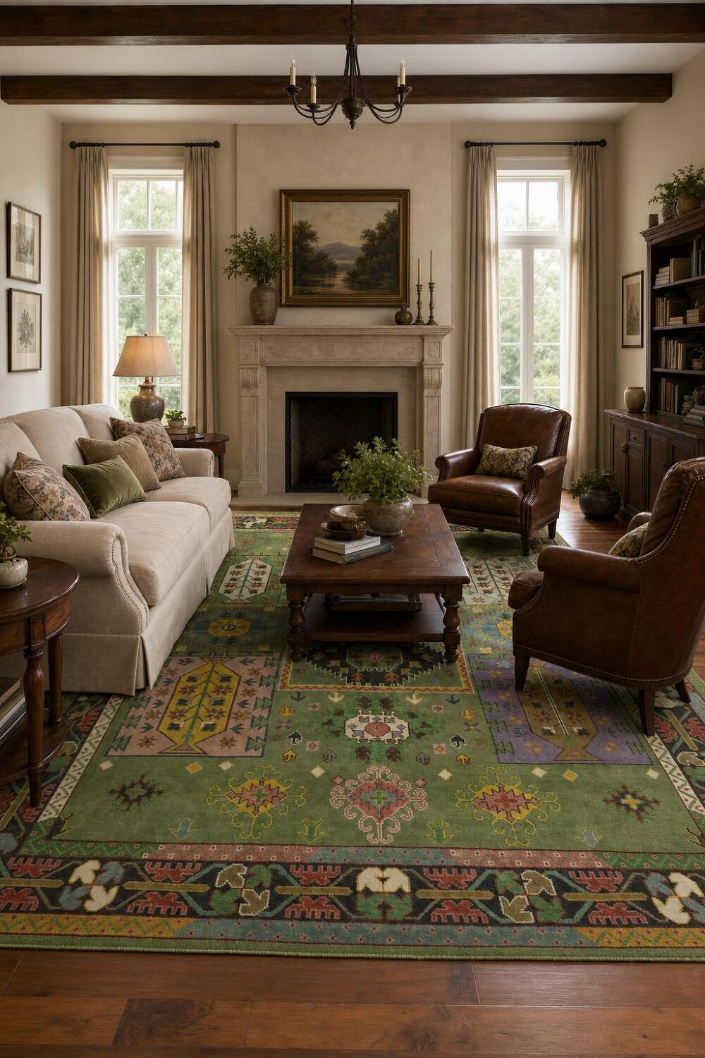 Vibrant Green Geometric Pattern Kazak Hand-Knotted Wool Rug 9' x 12'