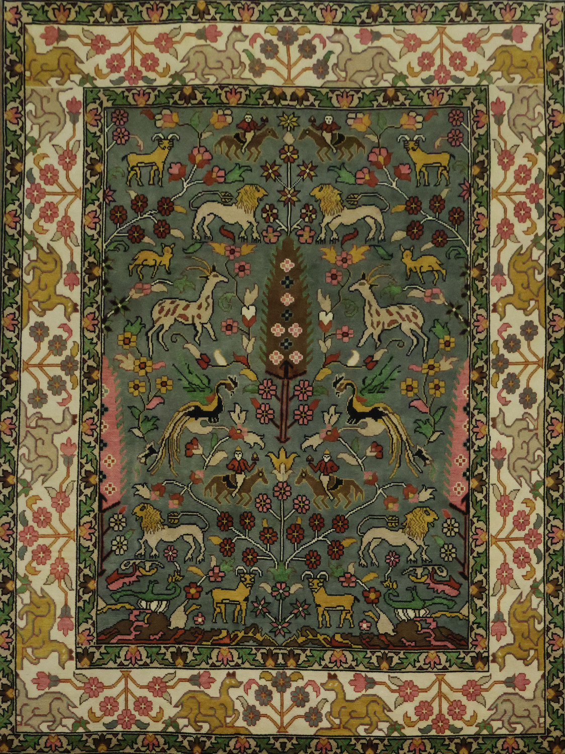 Animal Pictorial Hunting Scene Blue Ziegler Oriental Rug 9x12 Hand-Knotted