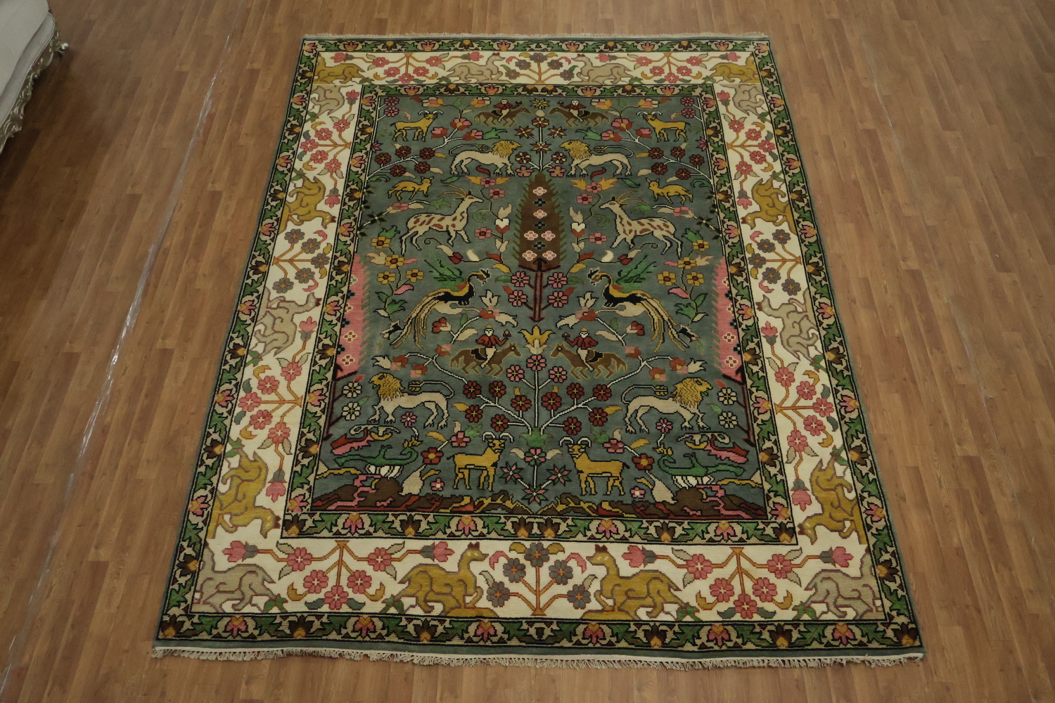 Animal Pictorial Hunting Scene Blue Ziegler Oriental Rug 9x12 Hand-Knotted