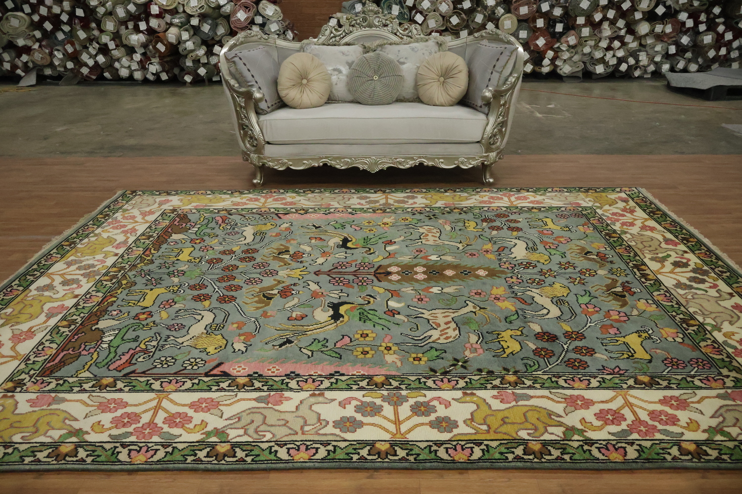 Animal Pictorial Hunting Scene Blue Ziegler Oriental Rug 9x12 Hand-Knotted