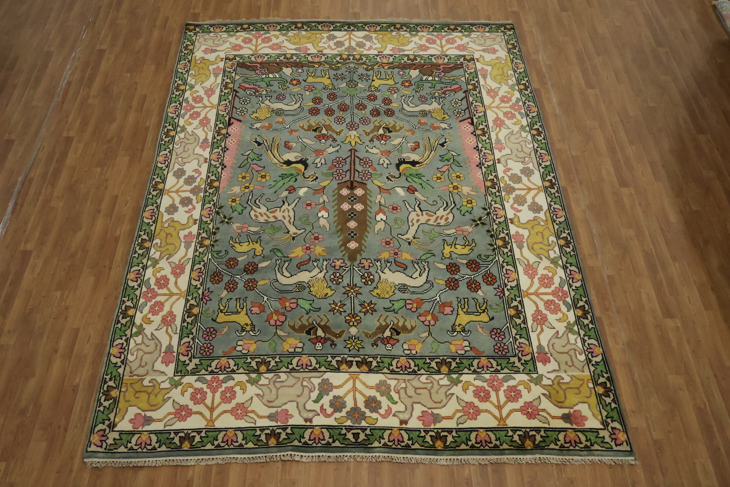 Animal Pictorial Hunting Scene Blue Ziegler Oriental Rug 9x12 Hand-Knotted
