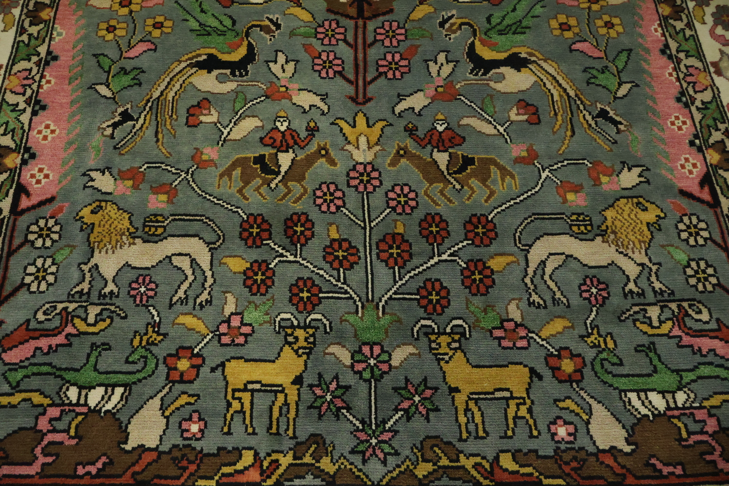 Animal Pictorial Hunting Scene Blue Ziegler Oriental Rug 9x12 Hand-Knotted