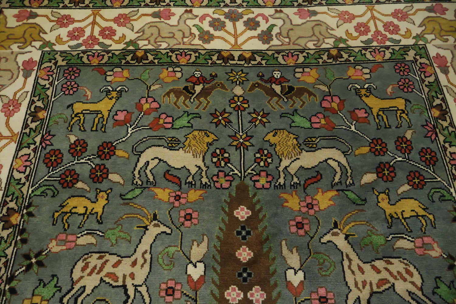 Animal Pictorial Hunting Scene Blue Ziegler Oriental Rug 9x12 Hand-Knotted