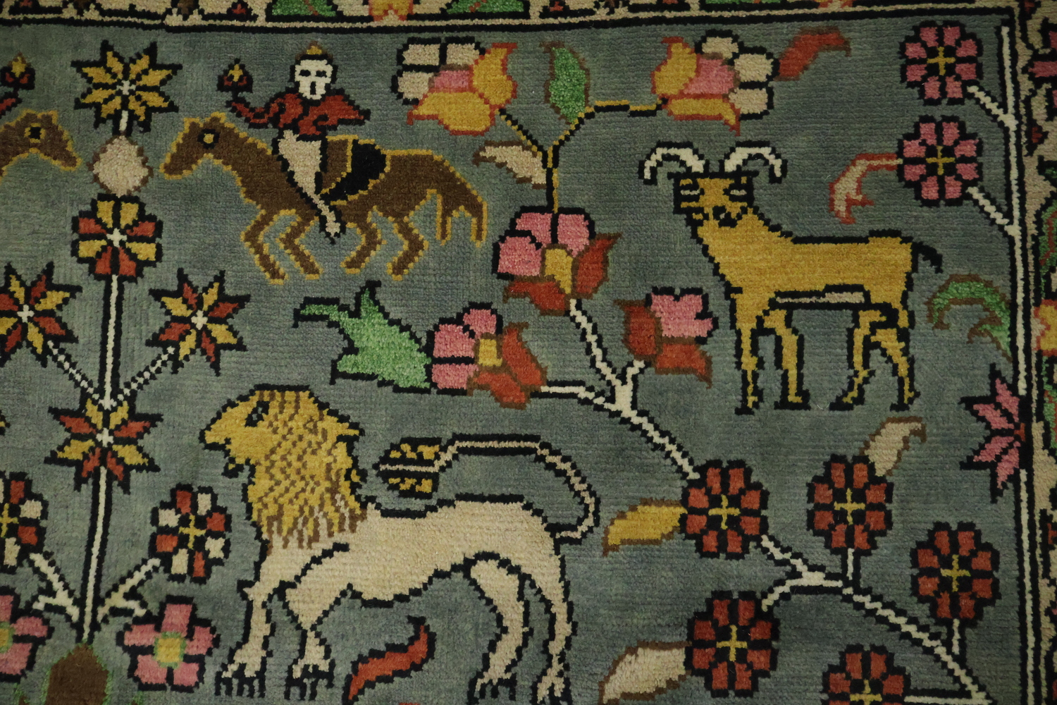 Animal Pictorial Hunting Scene Blue Ziegler Oriental Rug 9x12 Hand-Knotted