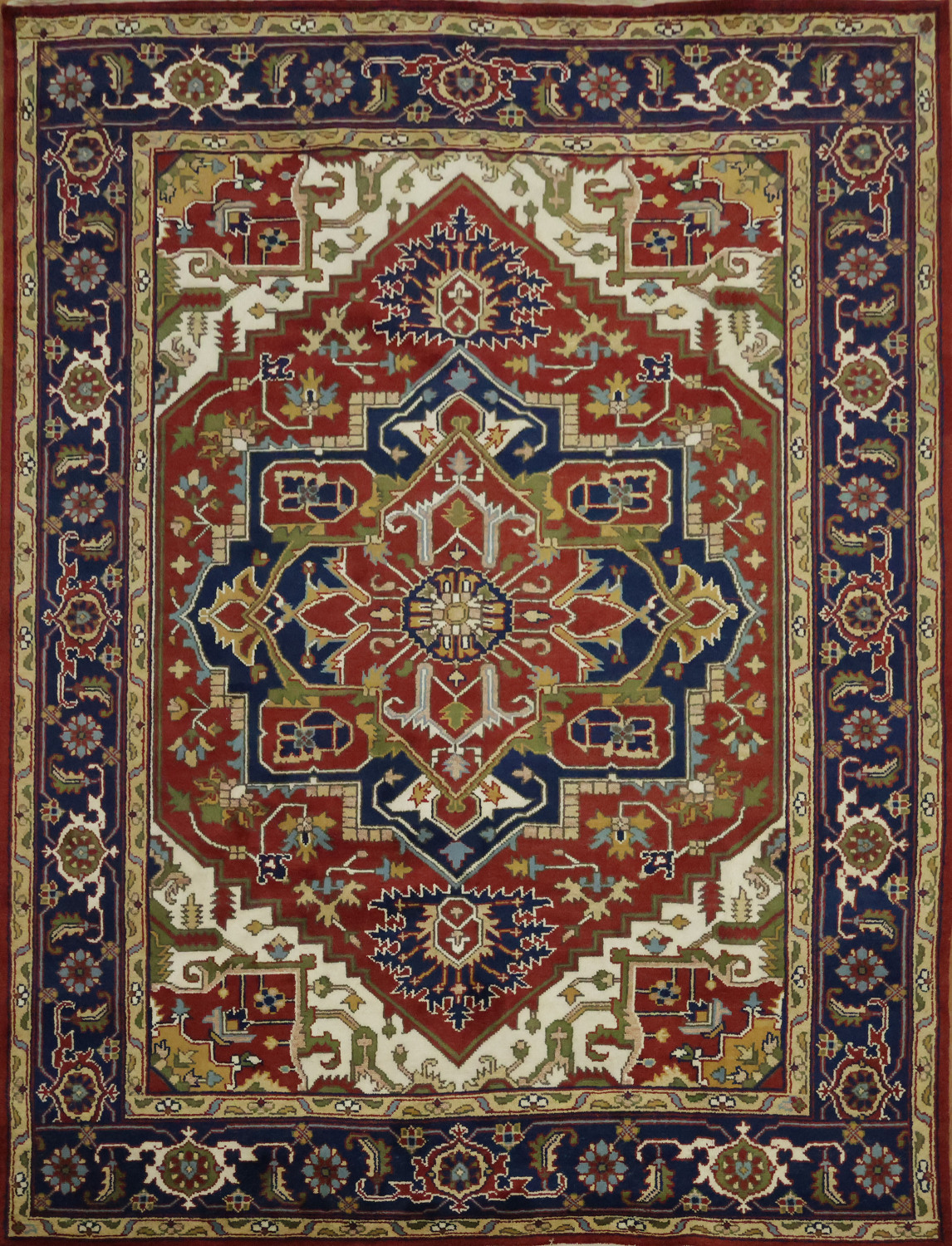 Heriz Serapi Traditional Medallion Rug in Rich Red and Navy Hues 9x12 ft