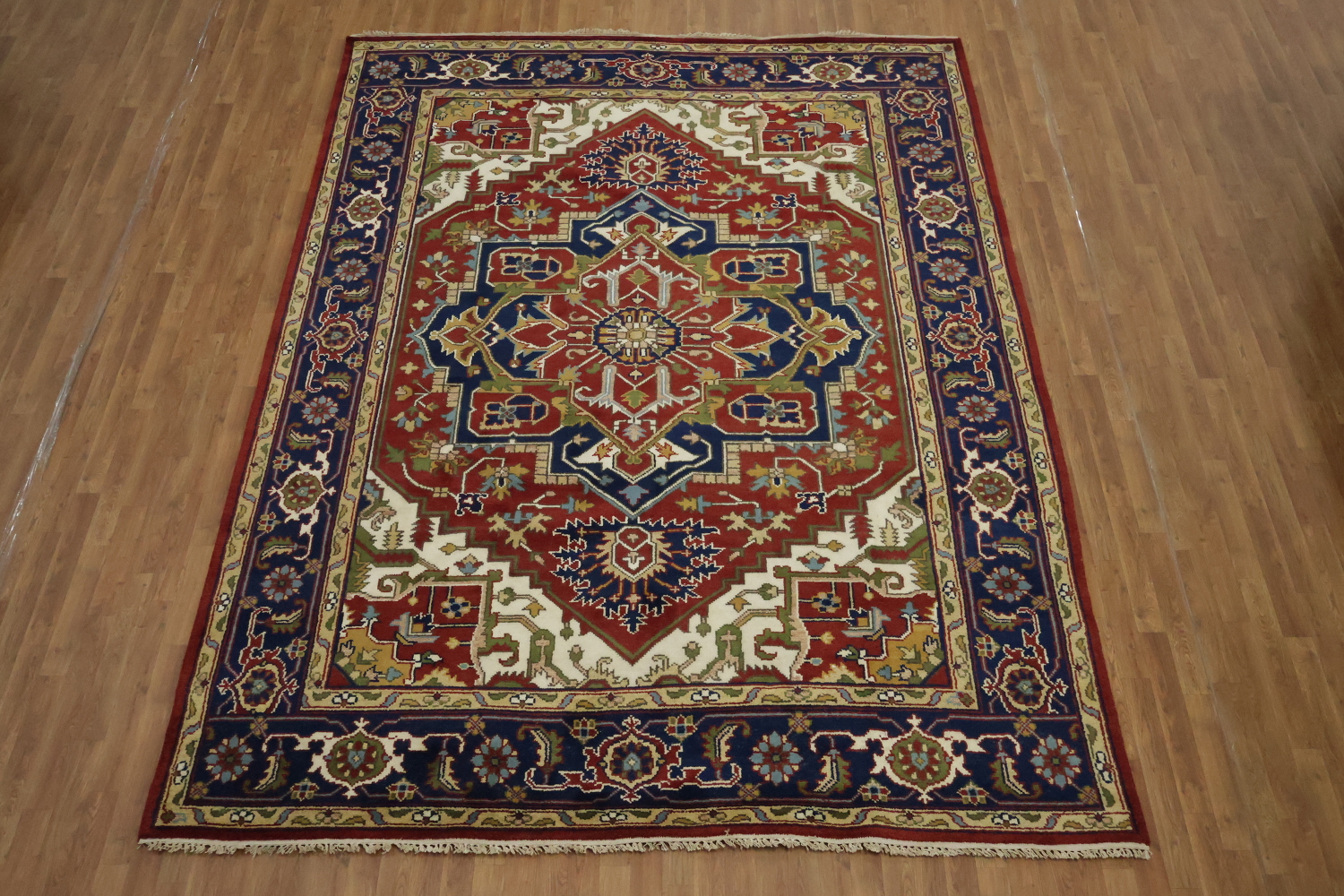 Heriz Serapi Traditional Medallion Rug in Rich Red and Navy Hues 9x12 ft