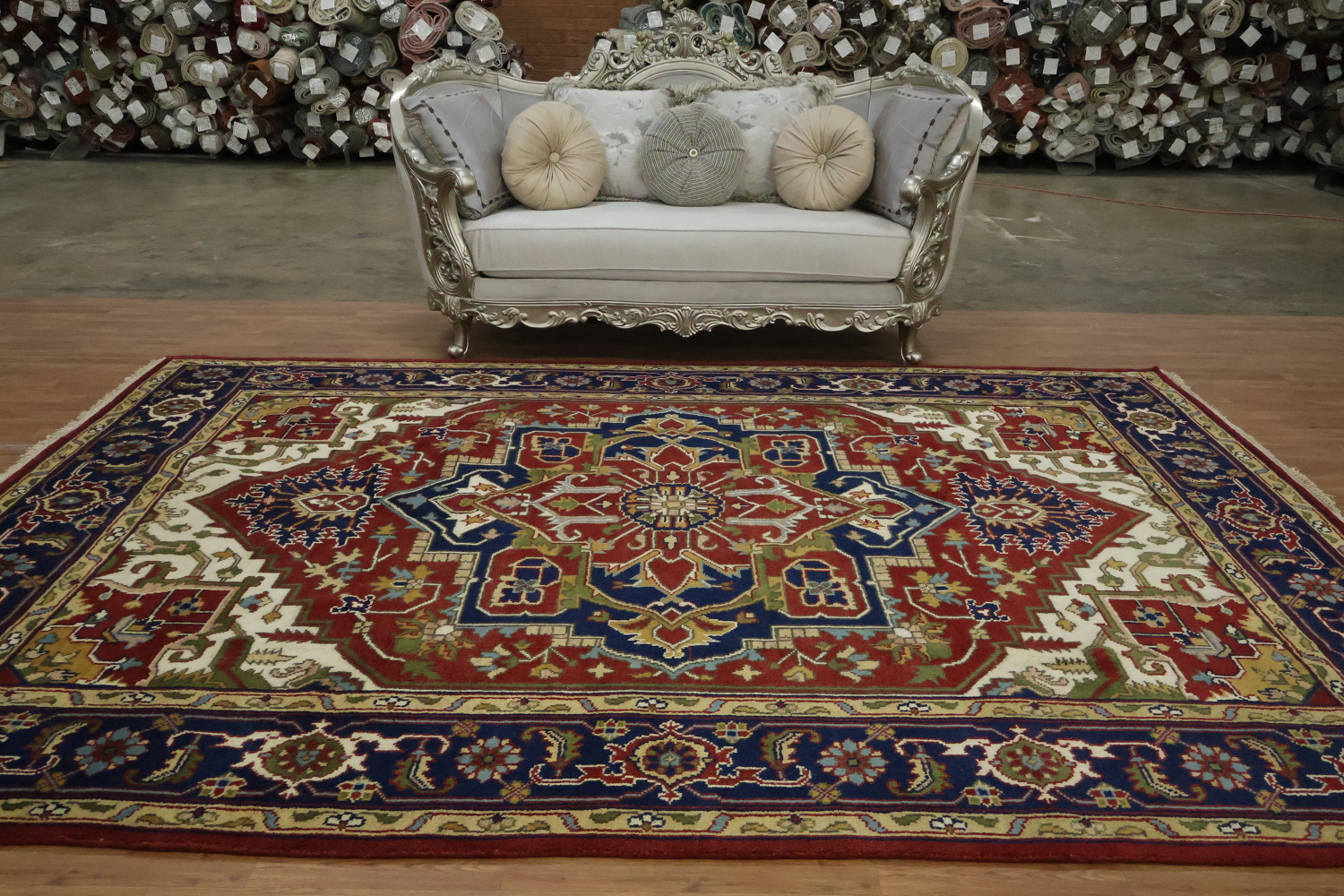 Heriz Serapi Traditional Medallion Rug in Rich Red and Navy Hues 9x12 ft