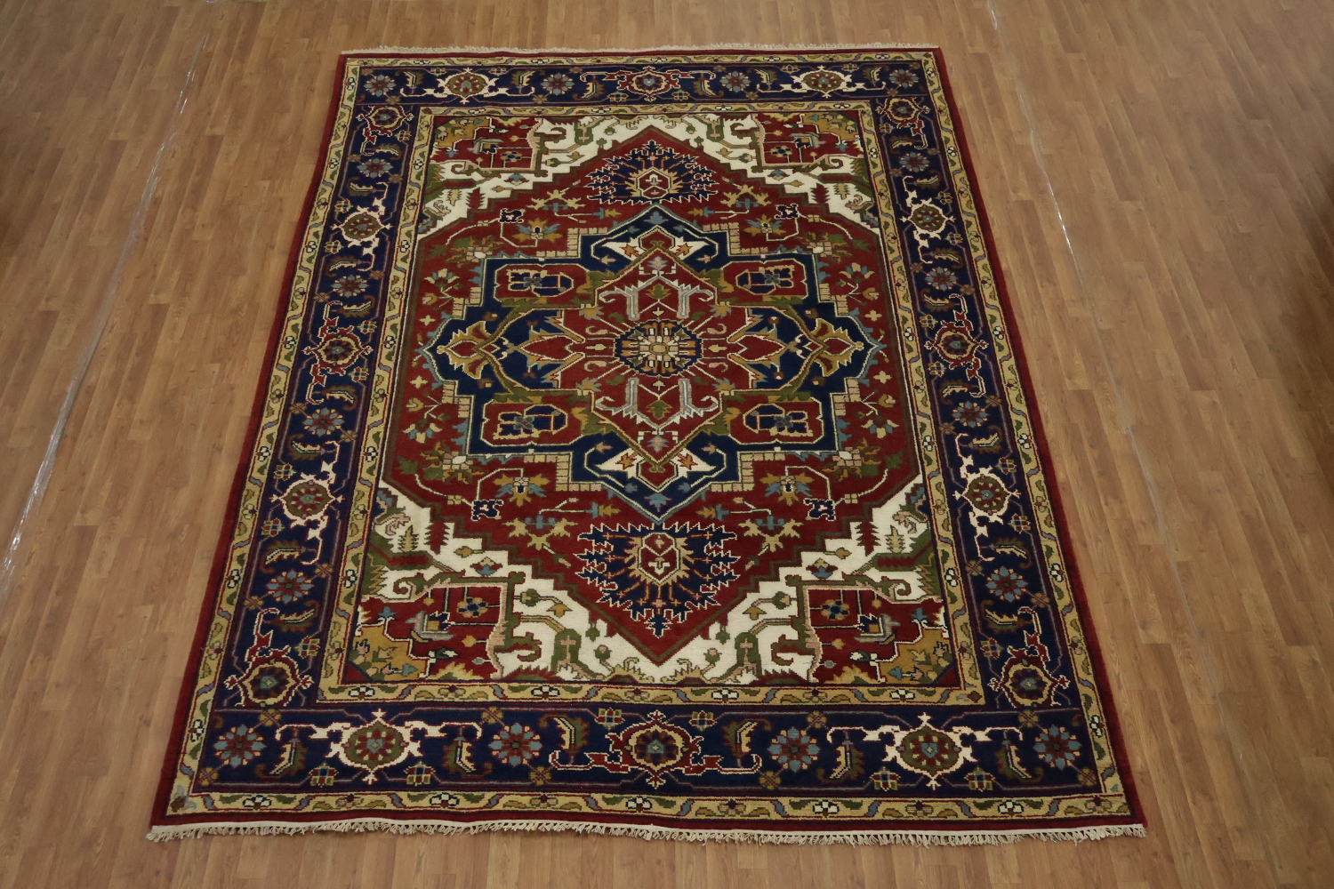 Heriz Serapi Traditional Medallion Rug in Rich Red and Navy Hues 9x12 ft