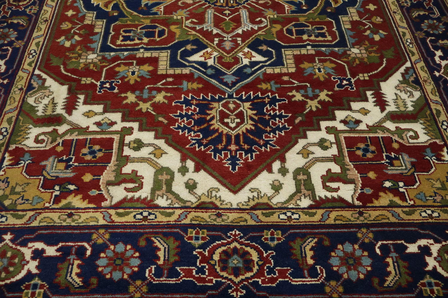 Heriz Serapi Traditional Medallion Rug in Rich Red and Navy Hues 9x12 ft