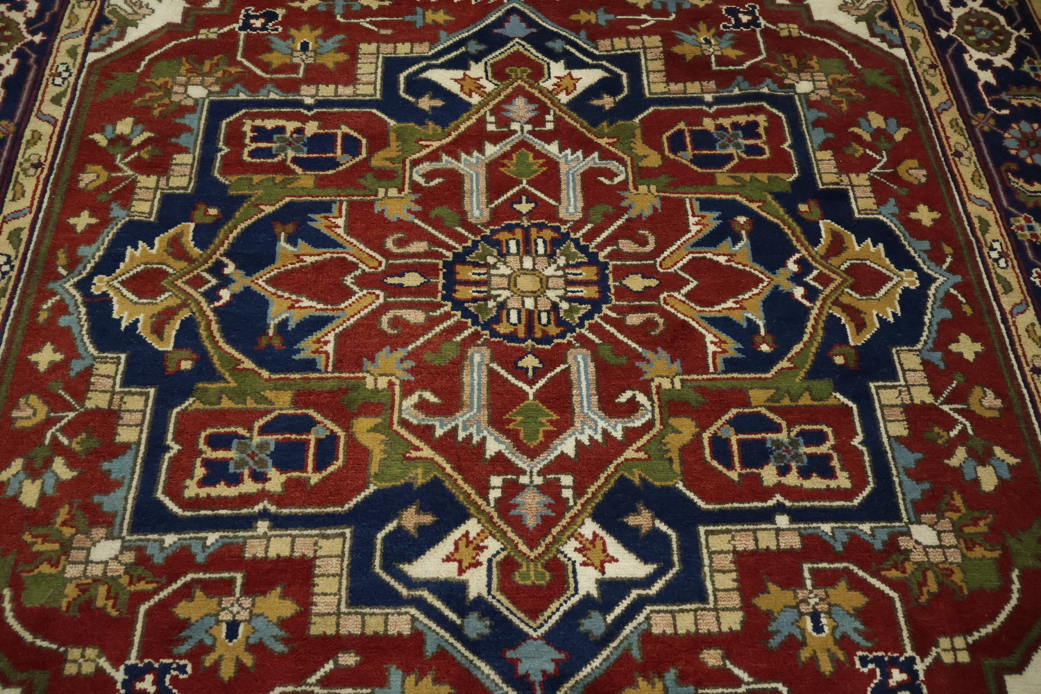 Heriz Serapi Traditional Medallion Rug in Rich Red and Navy Hues 9x12 ft