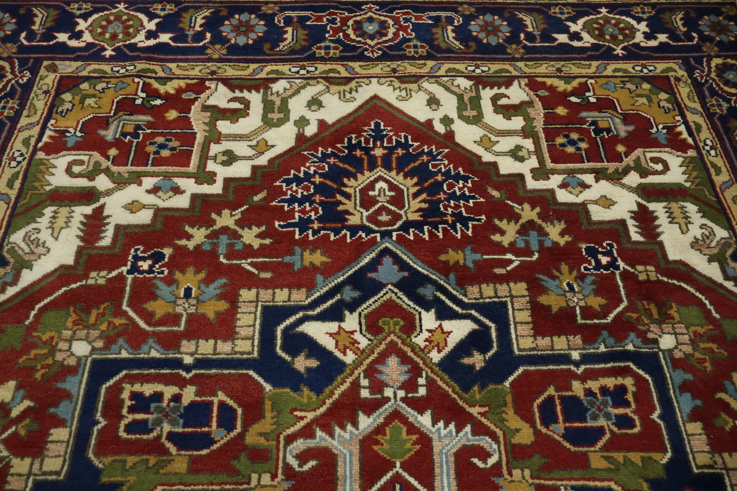 Heriz Serapi Traditional Medallion Rug in Rich Red and Navy Hues 9x12 ft