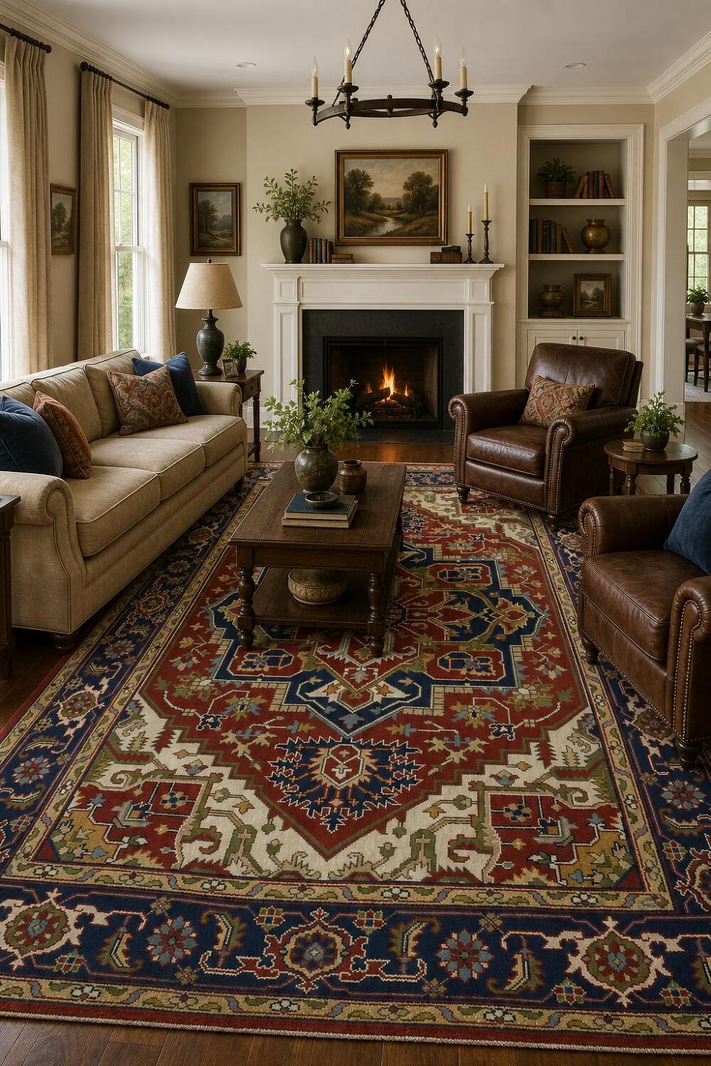 Heriz Serapi Traditional Medallion Rug in Rich Red and Navy Hues 9x12 ft