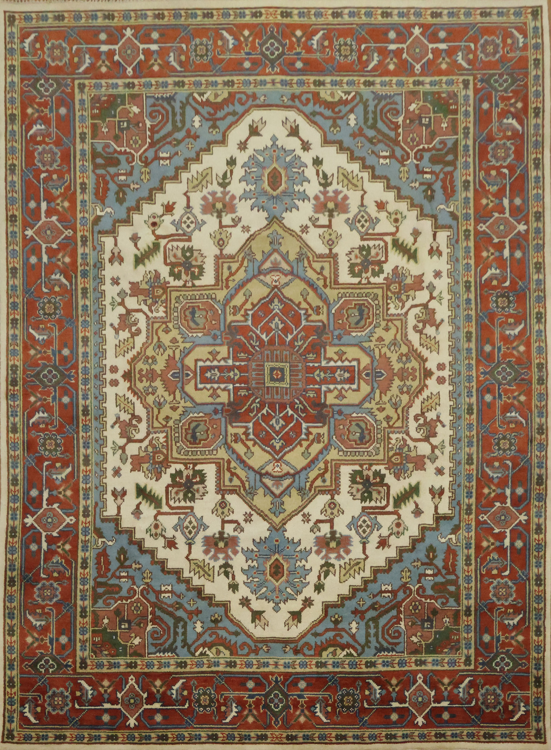Ivory and Light Blue Heriz Serapi Persian Style Area Rug 9x12