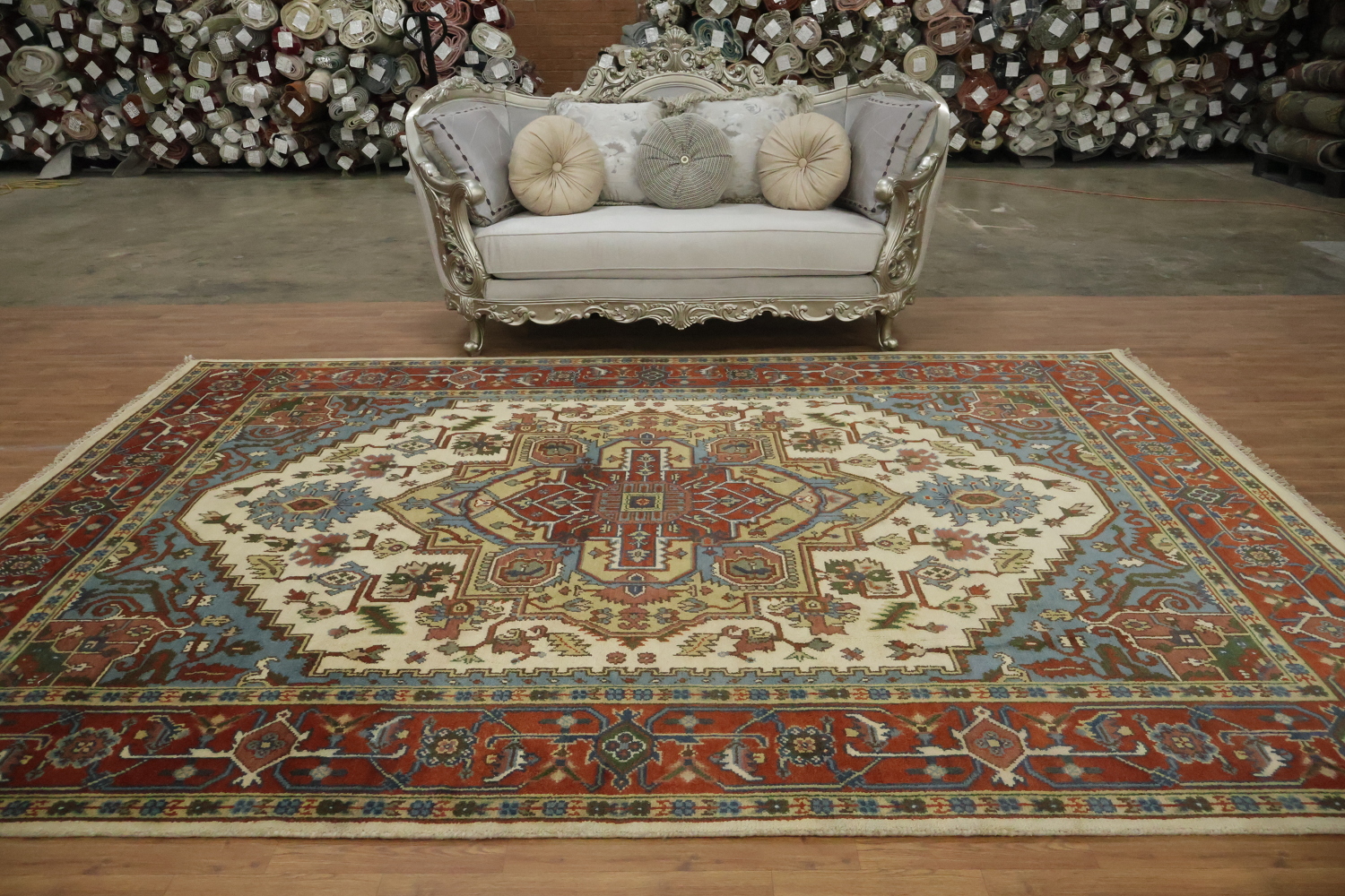 Ivory and Light Blue Heriz Serapi Persian Style Area Rug 9x12