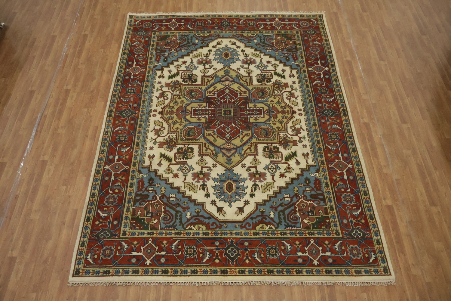 Ivory and Light Blue Heriz Serapi Persian Style Area Rug 9x12