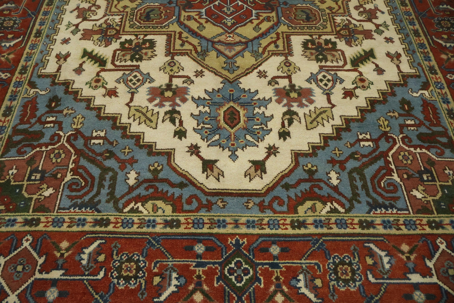 Ivory and Light Blue Heriz Serapi Persian Style Area Rug 9x12