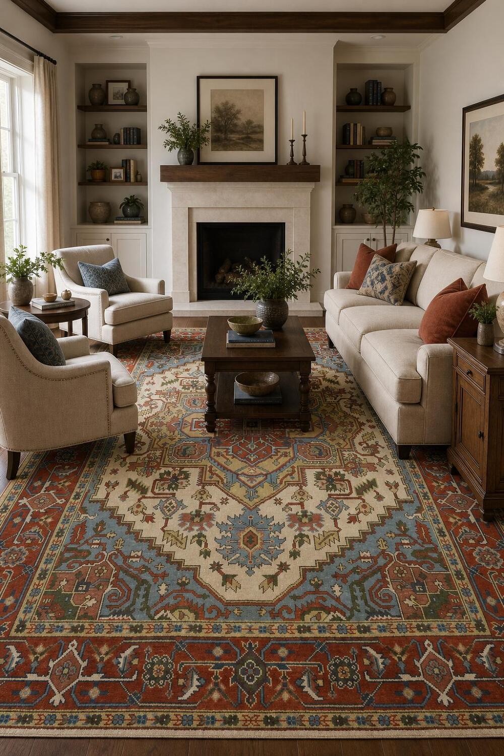 Ivory and Light Blue Heriz Serapi Persian Style Area Rug 9x12