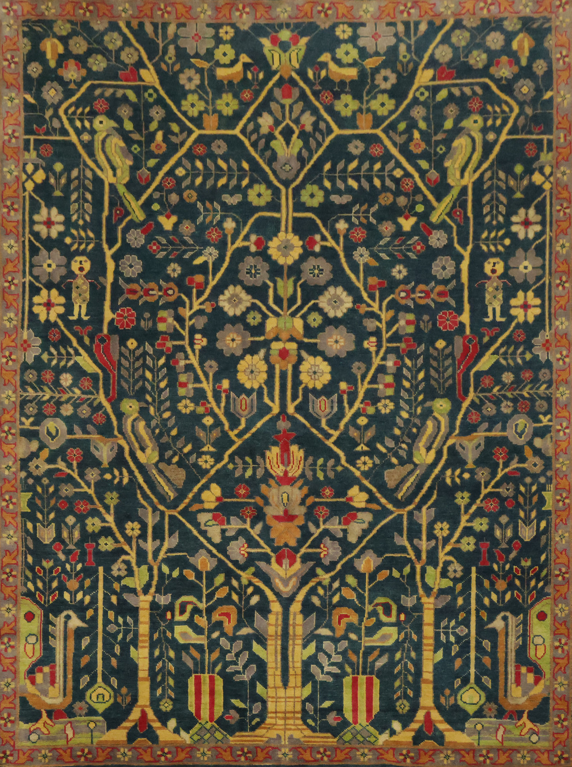 Classic Bird and Tree Motif Rug in Rich Earthy Tones 9' x 12'