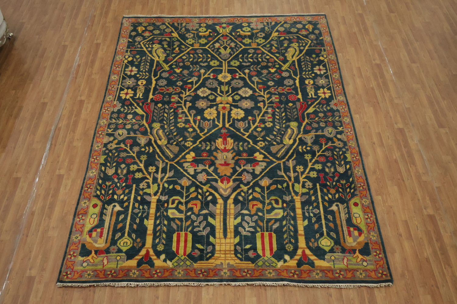 Classic Bird and Tree Motif Rug in Rich Earthy Tones 9' x 12'