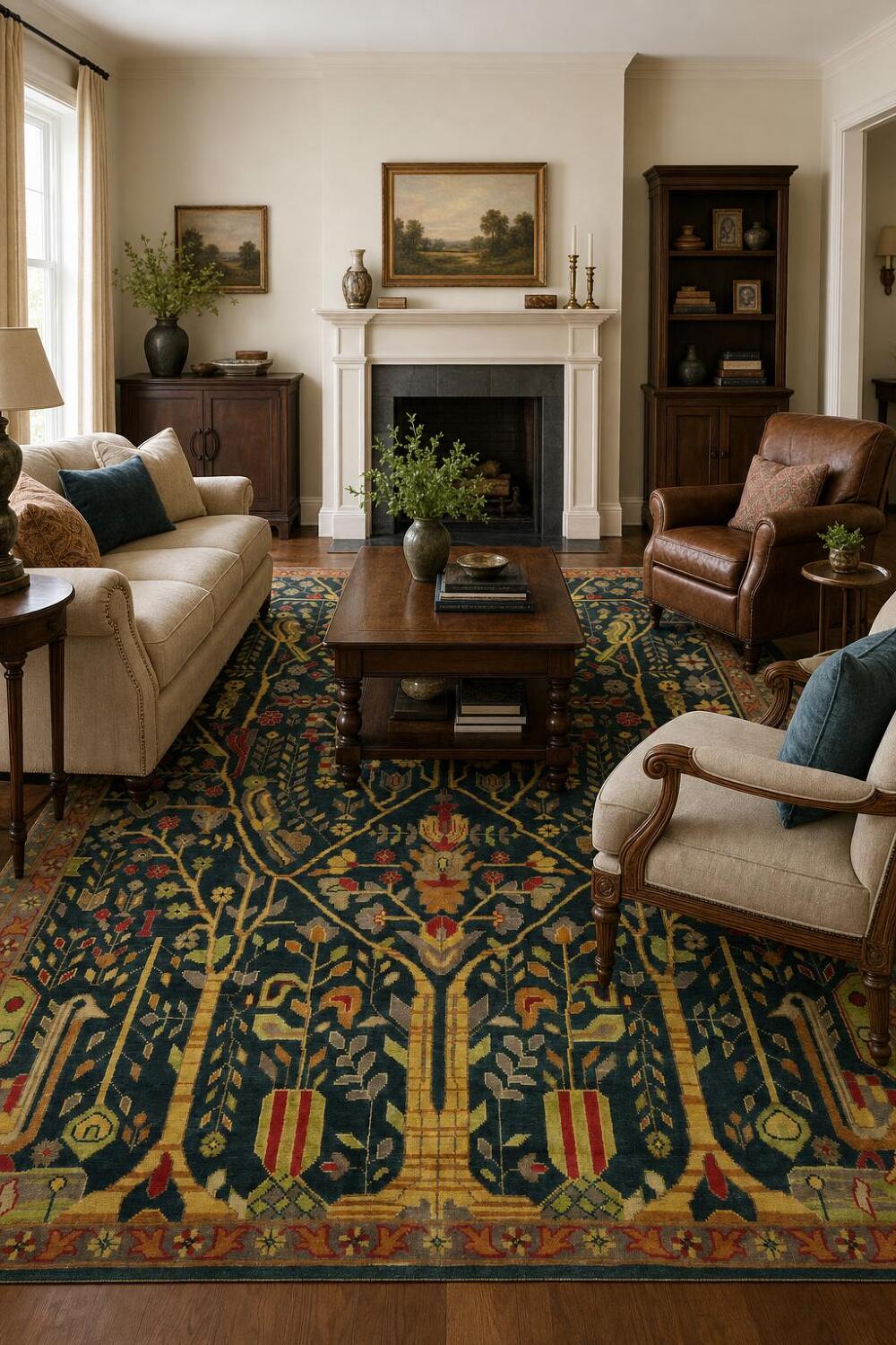 Classic Bird and Tree Motif Rug in Rich Earthy Tones 9' x 12'