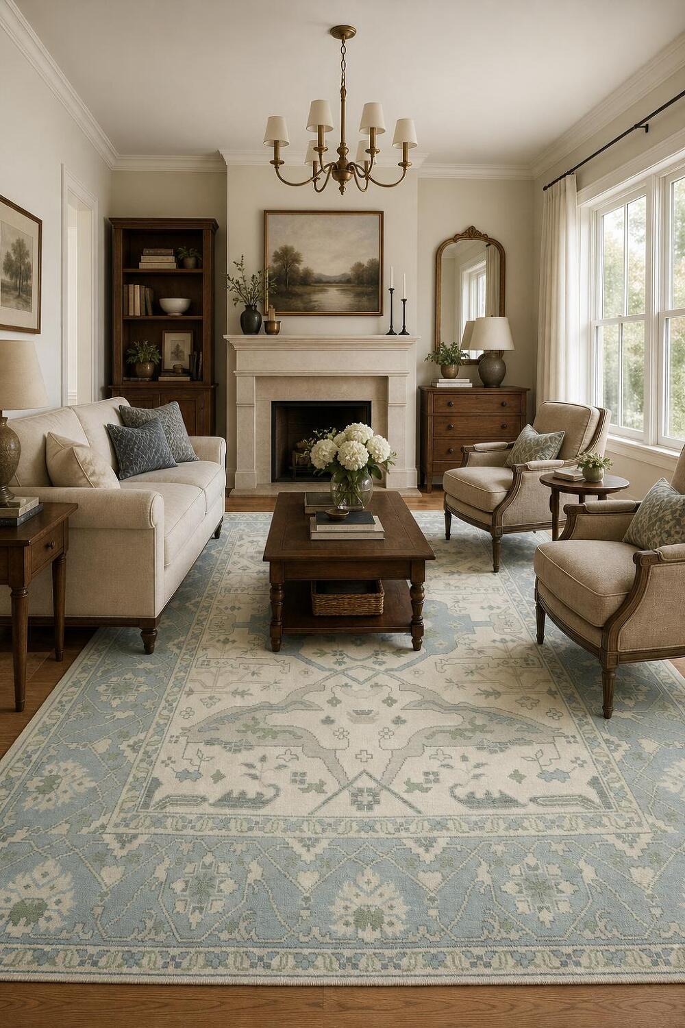 Cream and Blue Traditional Oushak Hand Made Area Rug 8x10