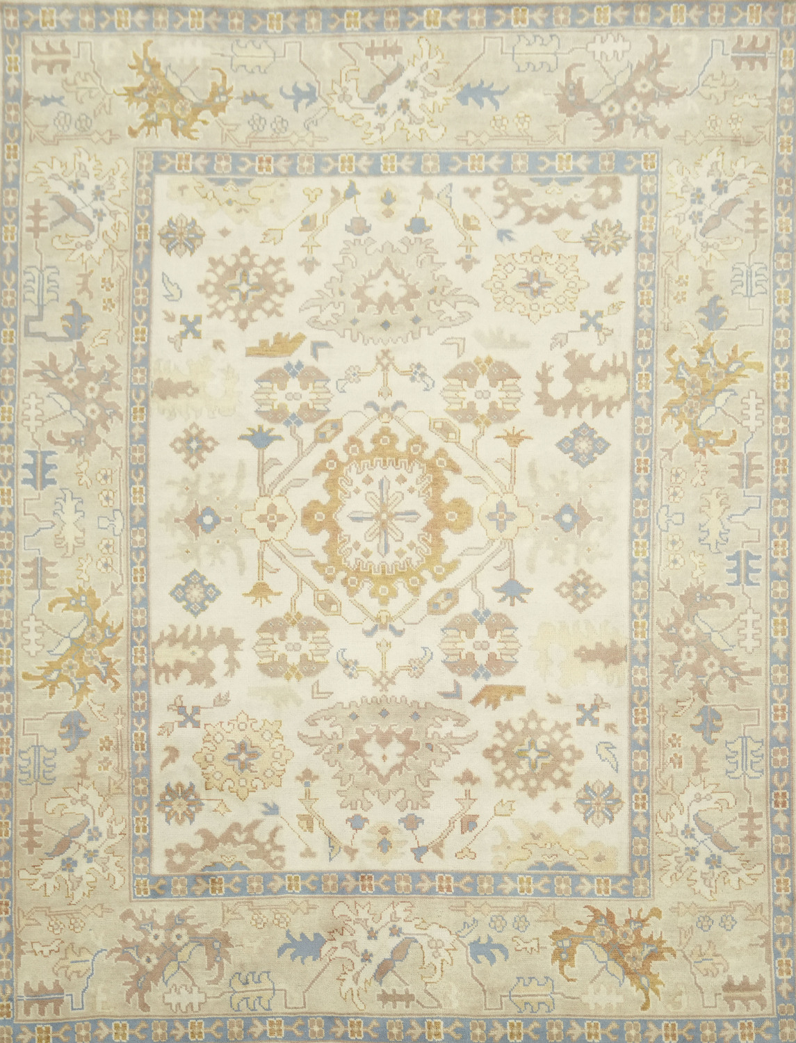 9x12 Hand-Made Oushak Rug - Traditional Geometric Design in Muted Earth Tones