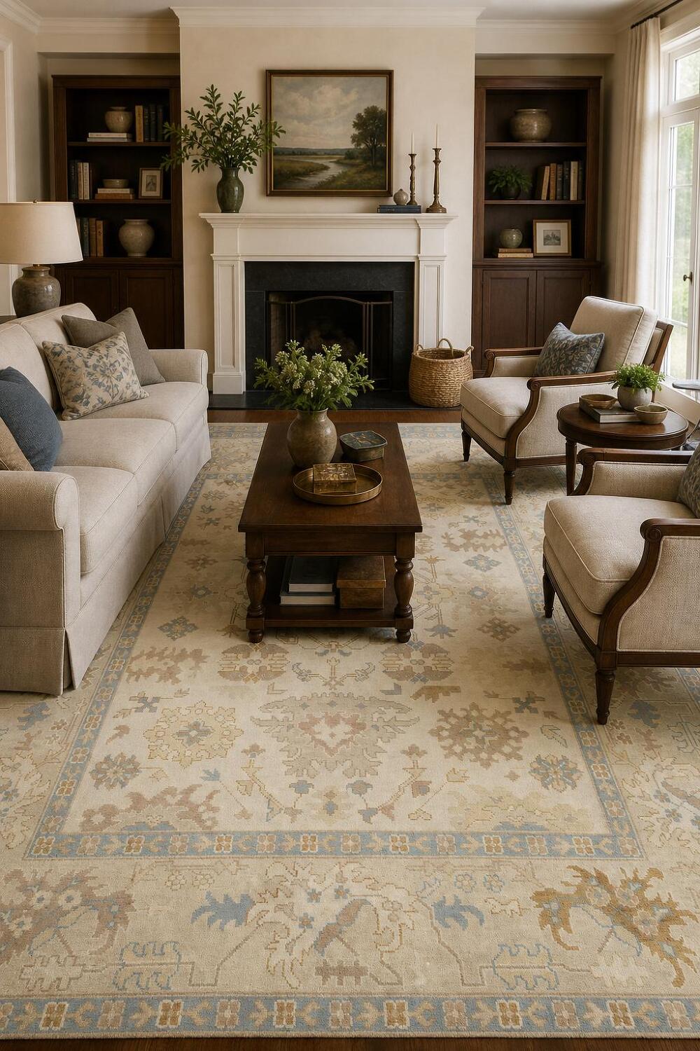 9x12 Hand-Made Oushak Rug - Traditional Geometric Design in Muted Earth Tones