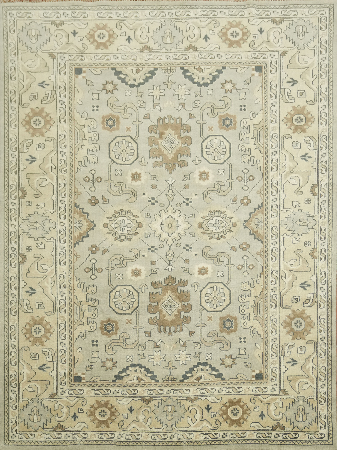 9x12 Beige & Light Blue Oushak Traditional Geometric Rug in Muted Earth Tones