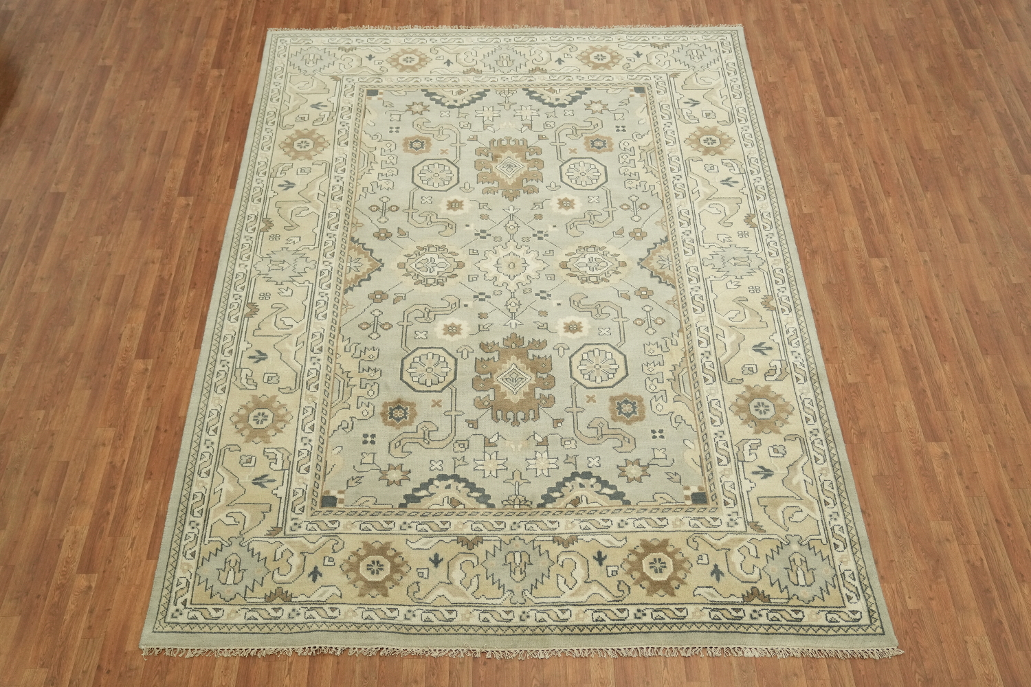 9x12 Beige & Light Blue Oushak Traditional Geometric Rug in Muted Earth Tones
