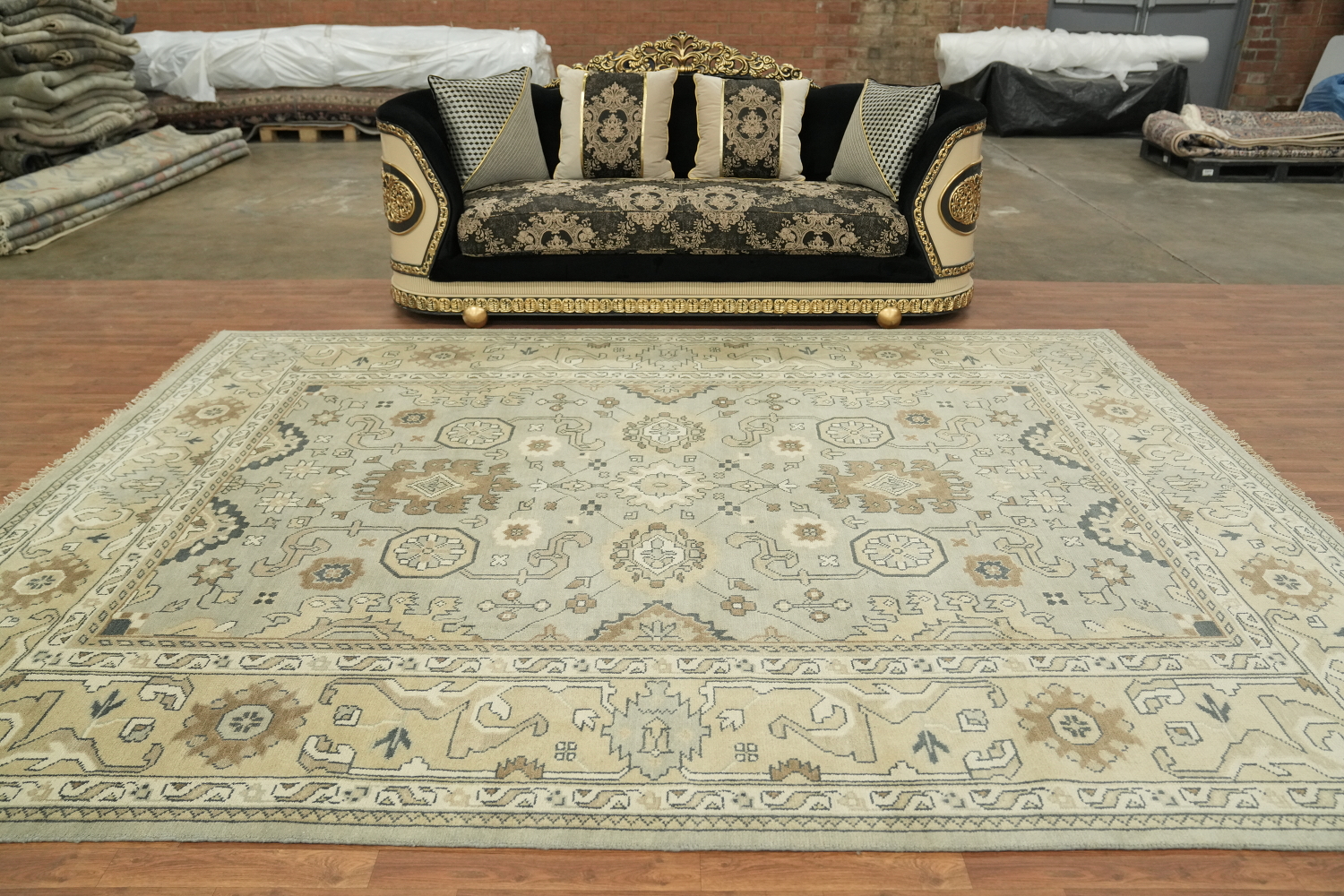 9x12 Beige & Light Blue Oushak Traditional Geometric Rug in Muted Earth Tones