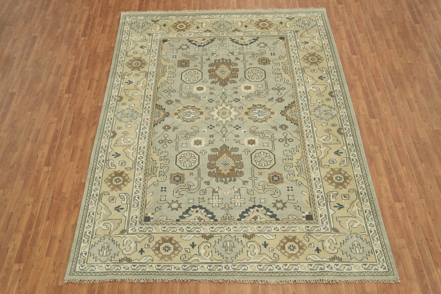 9x12 Beige & Light Blue Oushak Traditional Geometric Rug in Muted Earth Tones
