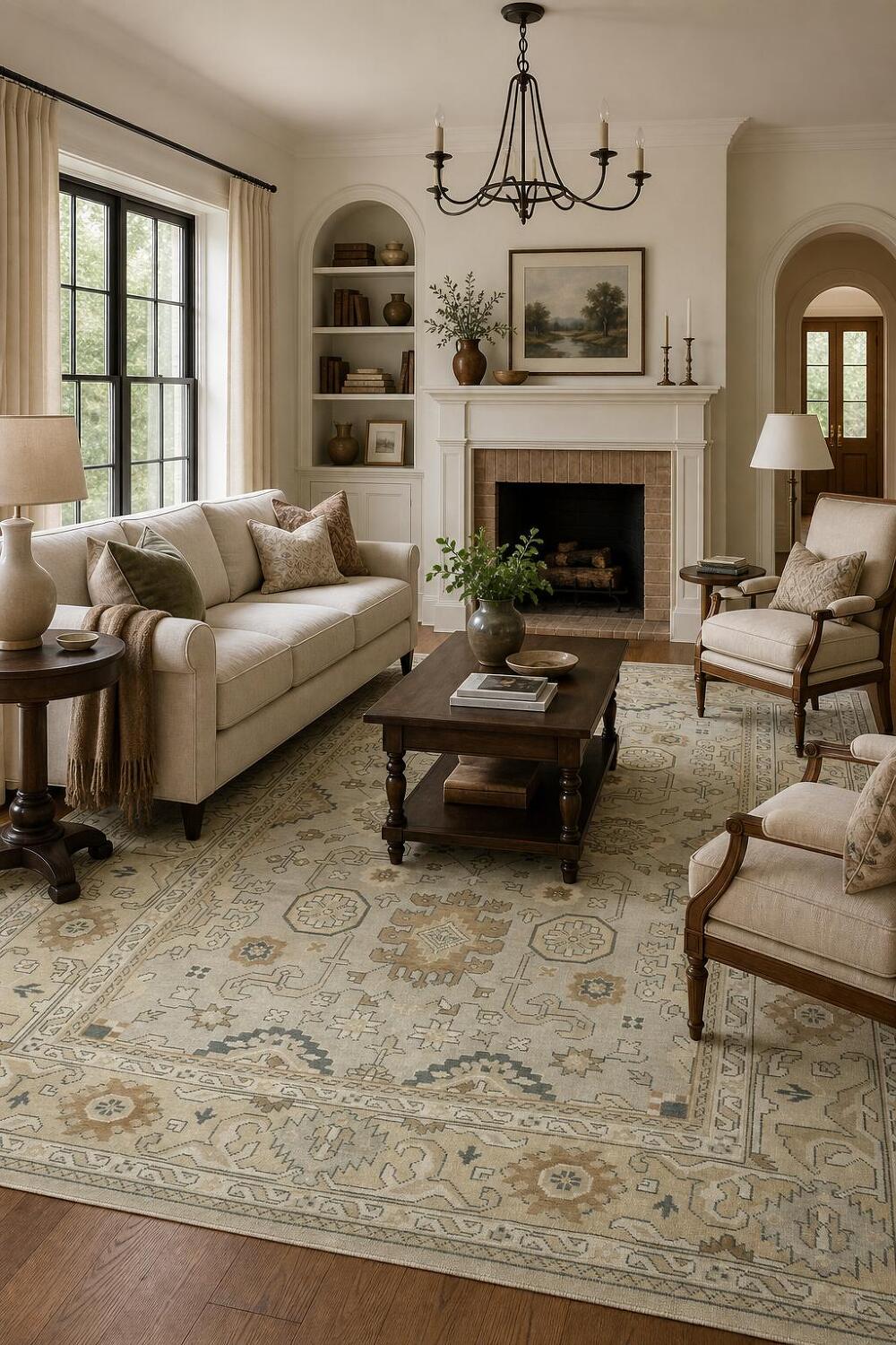 9x12 Beige & Light Blue Oushak Traditional Geometric Rug in Muted Earth Tones
