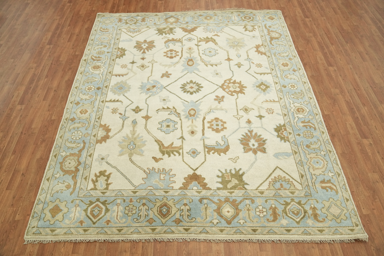 Oushak Hand-Knotted Wool Rug - Traditional 8x10 Cream and Blue
