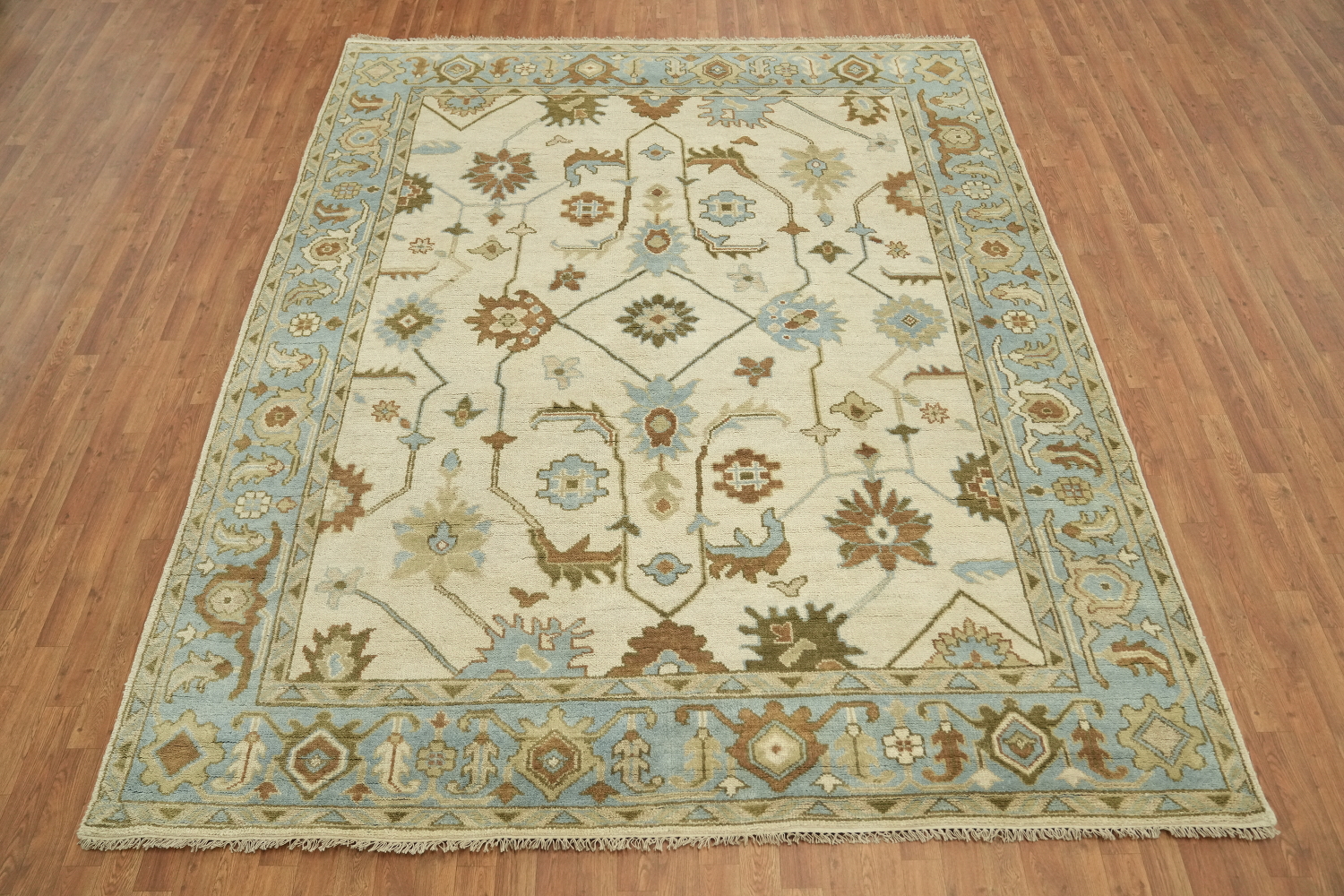 Oushak Hand-Knotted Wool Rug - Traditional 8x10 Cream and Blue