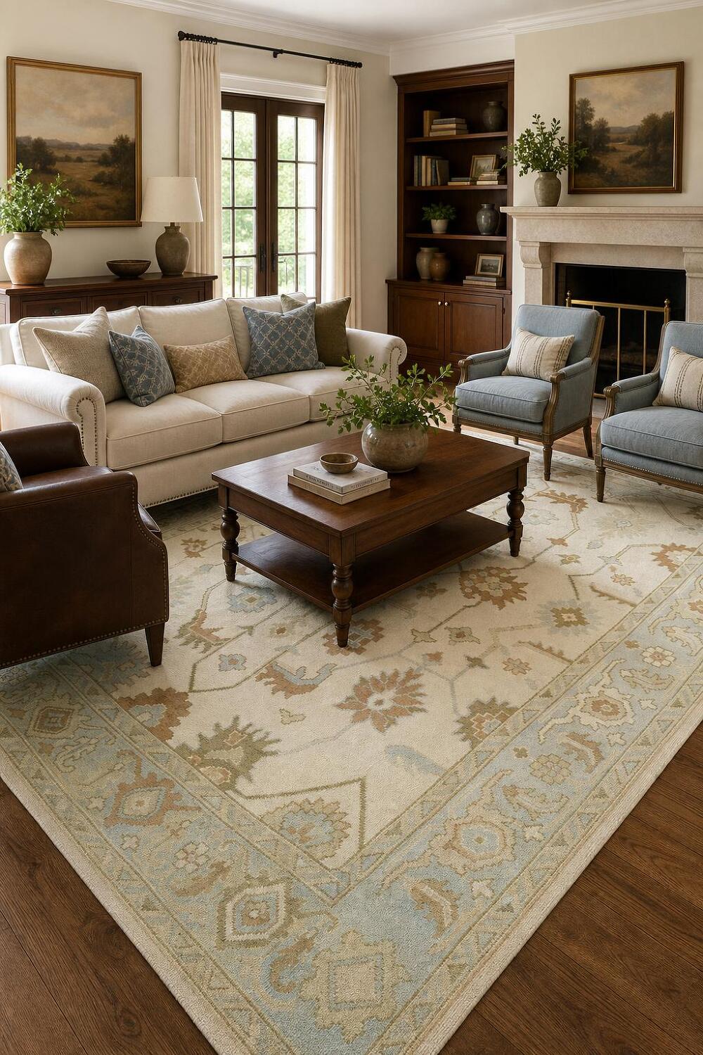 Oushak Hand-Knotted Wool Rug - Traditional 8x10 Cream and Blue