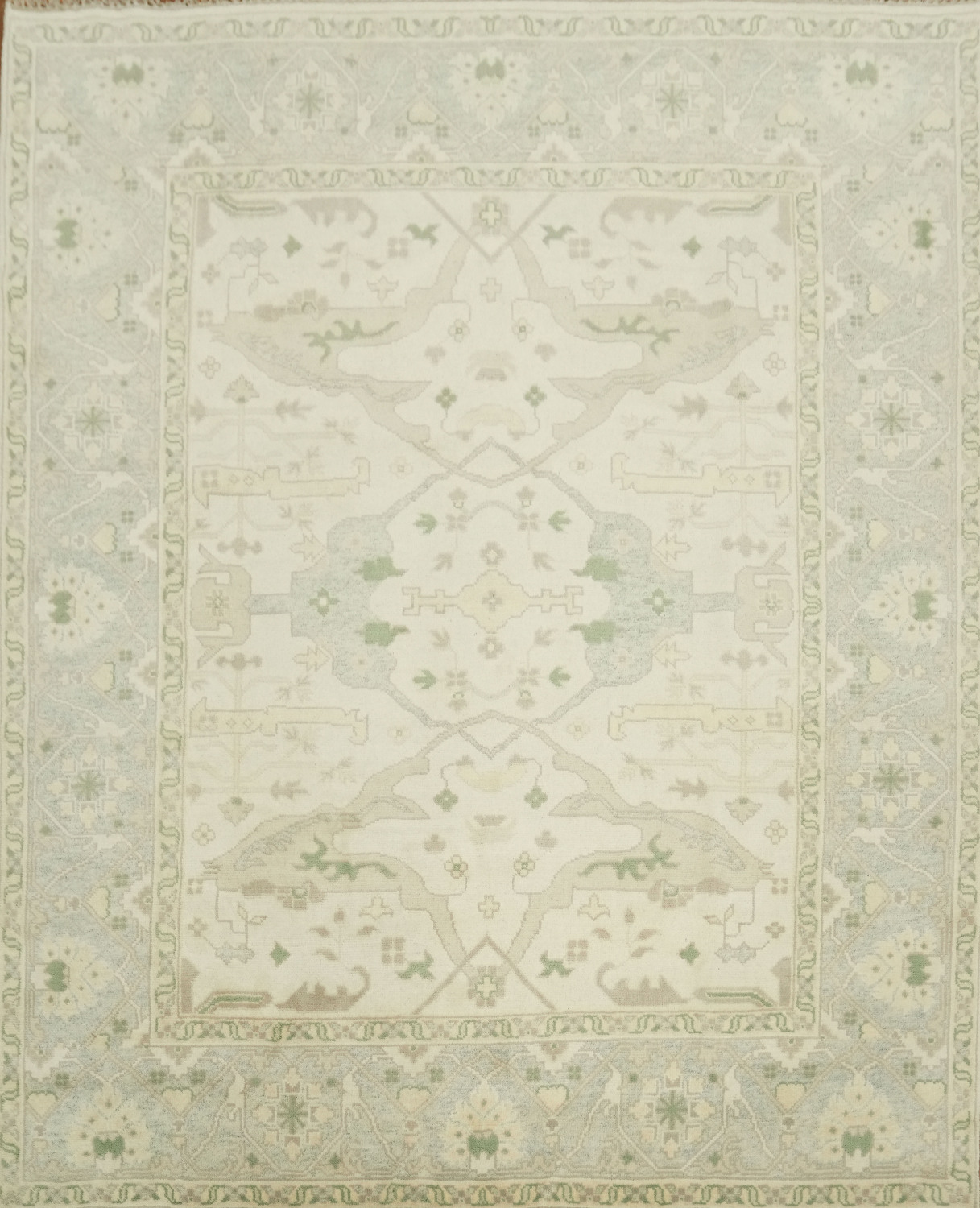 Cream and Blue Soft-Toned Oushak Hand-Knotted Wool Rug 8x10