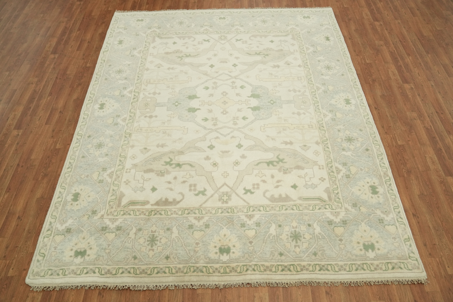 Cream and Blue Soft-Toned Oushak Hand-Knotted Wool Rug 8x10