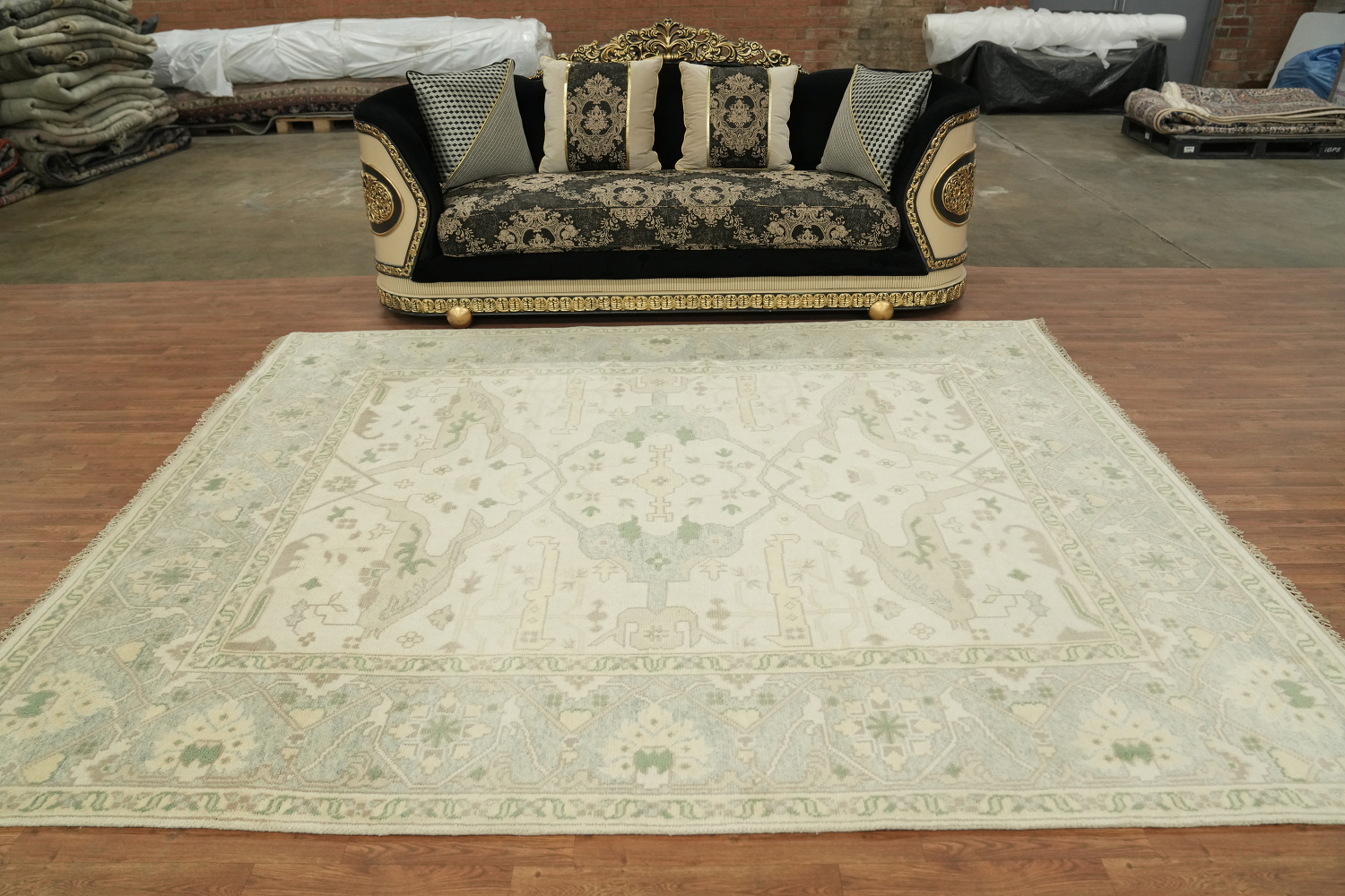 Cream and Blue Soft-Toned Oushak Hand-Knotted Wool Rug 8x10