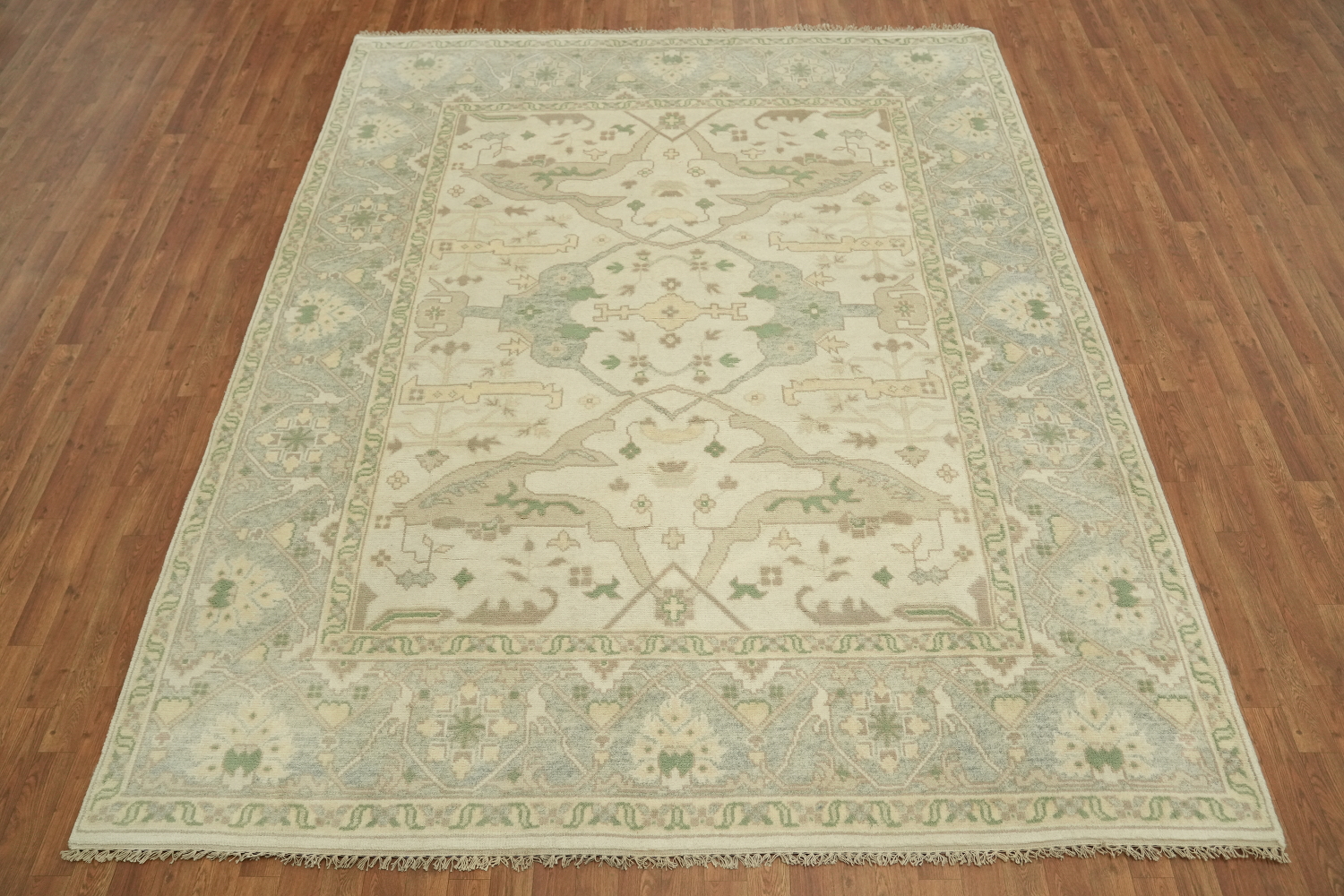 Cream and Blue Soft-Toned Oushak Hand-Knotted Wool Rug 8x10