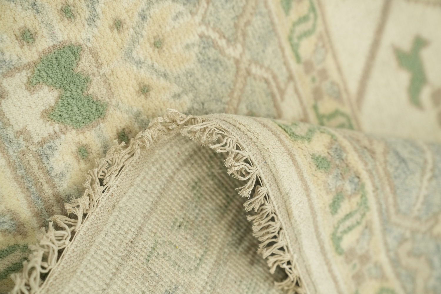 Cream and Blue Soft-Toned Oushak Hand-Knotted Wool Rug 8x10